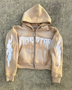 Custom Yellow Oversized Zip Up Hoodie for Men & Women | Heavyweight Fleece Full Zip Hoodie with Distressed Applique Embroidery - Product Image 3