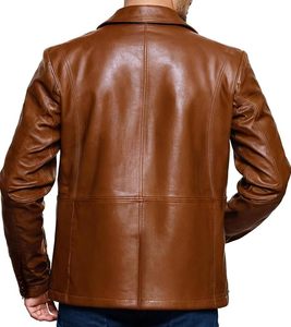 Blazer de Cuero Genuino Marrón para Hombre, Corte Entallado, Cuello Camisero, Botón Único, Estilo Casual Elegante para Otoño - Product Image 6