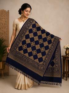 Hand Embroidered Long Ajrak Scarf Viscose <b>Shawl</b> <b>Navy</b> <b>Blue</b> Floral Leaf Border Tassel Wrap Breathable Lightweight for Daily Wear - Product Image 6