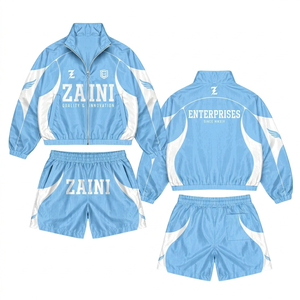 Women Crop Top Windbreaker Short <b>Set</b> 120 GSM Premium Polyester Taslan Sky Blue <b>White</b> Contrast Panel Sublimation Custom Logo - Product Image 1