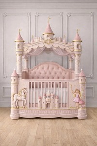Cuna de Lujo Estilo Castillo de Princesa con Cabecera Tapizada, Madera de Teca Sólida, Muebles de Primera Calidad para Dormitorio o Sala de Estar - Product Image 2