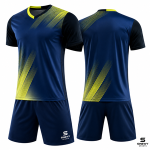 SINEWY SPORTS ชุดเสื้อฟุตบอลชายสีน้ำเงินสีเหลืองพิมพ์ลายเรขาคณิตคอวีแขนสั้นระบายความชื้นพอดีตัวแบบนักกีฬา - Product Image 1