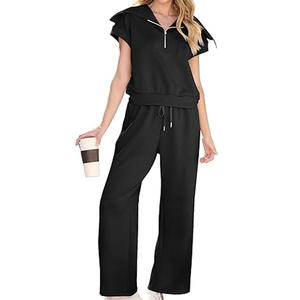 Combinaison noire à capuche et demi-zip, coupe ample, avec poches, pantalon décontracté à jambes larges et haut à manches courtes, tenue d'été - Product Image 2