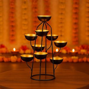 Handcrafted Metal 9 Bowl Tealight Candle <b>Holder</b> Stand Multi Tier Decorative Candle <b>Holder</b> Centerpiece Antique <b>Black</b> Finish - Product Image 3