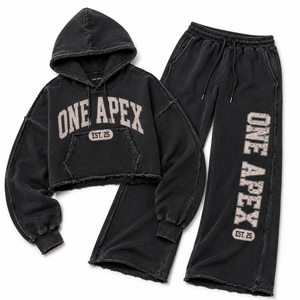 ชุดเซ็ตฮู้ดดี้ขายาวสีดำฟอกยีนส์ทรงโอเวอร์ไซส์สำหรับผู้หญิง ONE APEX พร้อมกางเกงขายาวทรงกว้าง สไตล์วินเทจ สตรีทแวร์ ผ้าฝ้าย 100% - Product Image 4
