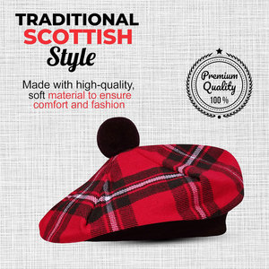 Chapeau écossais en laine à pompons, motif tartan, style Tam o' Shanter, bonnet des Highlands personnalisé, vente en gros - Product Image 6
