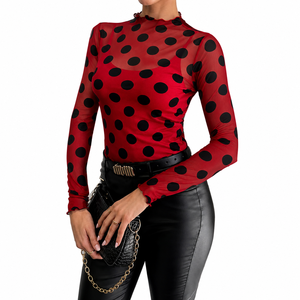 Top de Mujer Negro y Blanco, Manga Larga, Cuello con Volantes, Transpirable, Satinado, Elástico, Ajuste Regular, Sexy, para Club - Product Image 3
