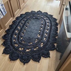 Tapis en jute bohème ovale fait main, motif médaillon, bleu foncé, poils plats, décoration de salon - Product Image 6