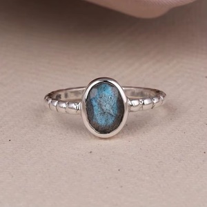 Natural Labradorite <b>Ring</b> 925 Sterling <b>Silver</b> Dainty Beaded <b>Stacking</b> <b>Ring</b> Blue Flash Gemstone Minimalist Jewelry Gift for Women - Product Image 5