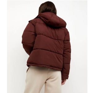 Burgundy Puffer <b>Jacket</b> Stand Collar Zipper Closure Casual Winter Windproof Thick Polyester Wadding Short Length Regular Fit - Product Image 4