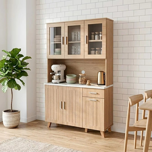 Essence K406 Modern Melamine Chipboard & PU MDF Kitchen Cabinet with Oak White Marble Finish Drawer Bakers <b>Rack</b> <b>Microwave</b> Stand - Product Image 1