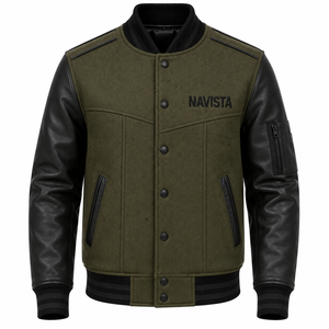 Veste universitaire classique Navista Sports, bleu marine, corps en laine, manches en cuir crème, patch en chenille, écologique, réversible - Product Image 1