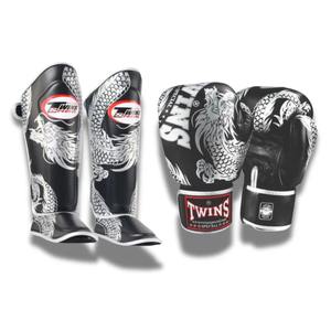 Twins Boxing <b>Gloves</b> & Shin Guards Set Black <b>Silver</b> Dragon Print Leather Velcro Closure For Martial Arts Training Adult - Product Image 1