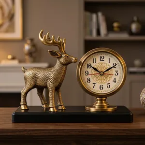 Horloge de table en métal de luxe avec finition bronze antique, figurine de cerf, horloge de bureau analogique classique pour salon, bureau, étagère - Product Image 5