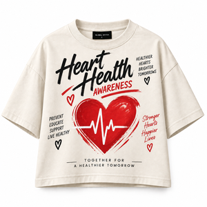 เสื้อยืดครอปท็อปพิมพ์ลายเพื่อรณรงค์สุขภาพหัวใจสำหรับผู้หญิง Global Stitch คอกลม แขนสั้น ผ้าฝ้าย 100% ทรงหลวม - Product Image 1