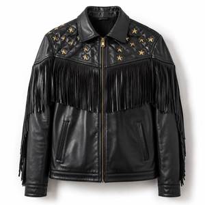 Men's Black Leather <b>Jacket</b> With <b>Star</b> Embroidery And Fringe Details Turn-down Collar Zipper Closure Moto Style Autumn Wear - Product Image 5