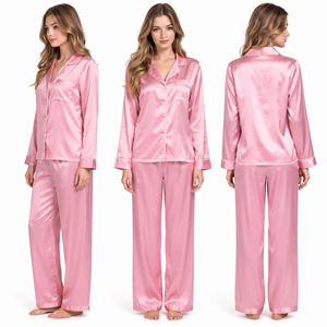 Wholesale Satin Pajama Suit Women's Silky Loungewear Two-Piece Set Button Down Night Shirt Wide Leg <b>Silk</b> <b>Trouser</b> Set Women's - Product Image 5