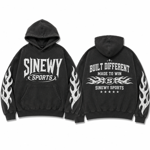 เสื้อฮู้ดดี้แฟชั่นสตรีทแวร์ทรงโอเวอร์ไซส์ผ้าฝ้ายเฟรนช์เทอร์รี่พิมพ์ลายเปลวไฟสีดำสำหรับฤดูใบไม้ร่วง สไตล์ลำลอง หนานุ่ม พิมพ์ลายพัฟฟ์ - Product Image 1