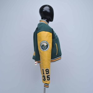 Green and Yellow Varsity Jacket with Embroidered N Logo and Lettering, Full Sleeve Turn-<b>down</b> Collar Polyester Cotton Shell OEM - Product Image 4