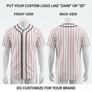 เสื้อเบสบอลยูนิเซ็กซ์ผ้าโพลีเอสเตอร์อินเตอร์ล็อคพรีเมียม 180 GSM สีขาวลายเส้น  พร้อมปักโลโก้ด้วยความร้อน  ติดกระดุมด้านหน้า สำหรับทีม - Product Image 1