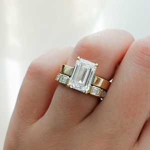 Emerald Cut Lab Grown Diamond Solitaire Engagement Ring Thick Wide Flat Band 14K 18K <b>Solid</b> Gold Custom IGI 4 Ct Factory Price - Product Image 4