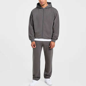 Ensemble de survêtement homme haut de gamme en coton épais, comprenant un sweat à capuche zippé oversize et un pantalon de jogging, idéal pour le sport et les loisirs. - Product Image 1