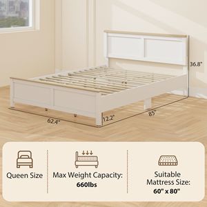 Moderno Letto Matrimoniale in Legno di Quercia Massiccio con Testiera, Senza Necessità di Rete a Doghe, Facile Montaggio, Bianco - Product Image 3