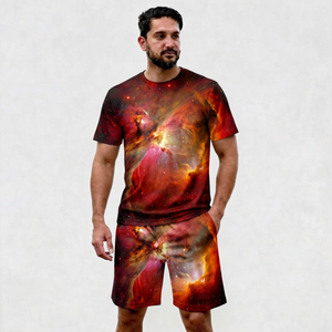 Men's Sublimation Printed T-Shirt And Shorts <b>Set</b> Red Galaxy Pattern <b>Knitted</b> Polyester Summer Casual Outfit - Product Image 1