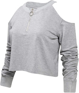 Ensemble de survêtement 2 pièces gris pour femme, col rond, fermeture éclair, haut court à manches longues, pantalon de jogging à taille élastique – Vente chaude - Product Image 3