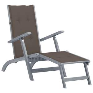 Solid Acacia Wood Patio Deck <b>Chair</b> with Footrest and <b>Cushion</b> for Sun <b>Lounging</b> - Product Image 1