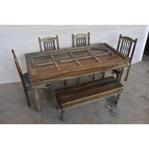 High Quality Modern Luxury Royal Eco-Friendly Durable Teak Wood Round Carved Dining <b>Table</b> 4 Chair <b>Bench</b> Restaurant <b>Set</b> - Product Image 5
