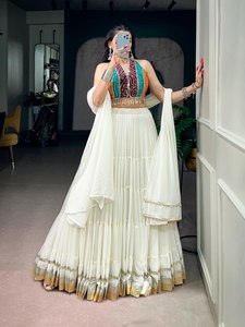 Custom Women Boho Indo Western Off <b>White</b> Layered Skirt Bandhani Print Halter Crop Top Shell Tassel Dupatta Wholesale - Product Image 5