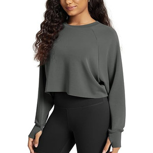 CUSTOM MADE Women's Lightweight Oversize <b>Crop</b> Sweatshirts High Quality 100% Cotton <b>Long</b> <b>Sleeve</b> Hoodie Solid Color Street Wear - Product Image 5