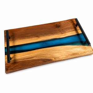 Plateau de service en résine et bois personnalisé, plat décoratif fait main avec poignée en verre irrégulière, idéal pour la maison ou comme cadeau - Product Image 1