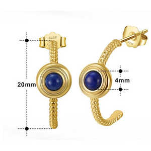 Pendientes de Oro de 10K con Bisel Redondo y Lapislázuli Natural Incrustado con Patrón de Bola, Regalo Romántico para Mujer - Product Image 6