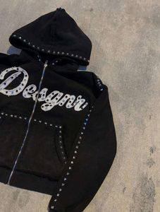 Hoodie d'hiver pour homme, qualité supérieure, personnalisé, 2026, lourd, délavé à l'acide, brodé, style streetwear, coupé-cousu, avec fermeture éclair et strass - Product Image 3