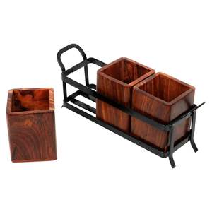 Wooden Utensil Holder Compartments Kitchen Organizer with Metal Stand Dark Brown Cutlery Stand - Product Image 2