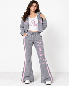 Women’s 3 Piece <b>Velour</b> <b>Tracksuit</b> Set Custom Logo Rhinestone Hoodie Jacket Flare Pants Luxury Casual Sportswear Set - Product Image 1