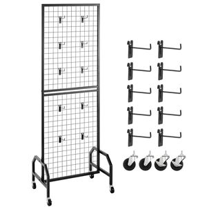 1.9 X 5.4 ft Black Carbon Steel <b>Wire</b> <b>Grid</b> Wall Panel Movable Art Display Rack with 10 Hooks and Shelf Wheels for Display Racks - Product Image 1