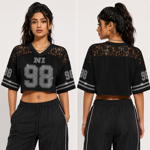 Premium Sparkly <b>Cropped</b> Mesh Varsity Custom <b>Rhinestone</b> Letter Football Jersey Drop Shoulder Women Streetwear <b>Top</b> - Product Image 2