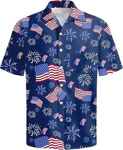 Chemise hawaïenne à étoiles et rayures patriotiques pour hommes, haut décontracté pour les vacances d'été - Product Image 3