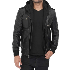 Mens Leather Bomber <b>Jacket</b> Removable Hood Stand Collar <b>Fleece</b> <b>Lined</b> Multi Pocket Casual Motorcycle <b>Jacket</b> - Product Image 1