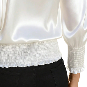 Chemisier blanc tissé à manches longues bouffantes pour femme, col rond, taille smockée, poignets élégants, coupe ample, décontracté, pour le bureau et le quotidien - Product Image 5
