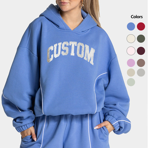 <b>Women</b> Custom Letter Print Hooded Tracksuit Set Blue Cotton Loose Fit Sweatshirt and <b>Sweatpants</b> with Side Pockets - Product Image 4