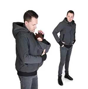 Sweat-shirt à capuche zippé pour homme, coupe classique, gris, avec poche porte-bébé, en polaire, décontracté, pour l'hiver, 100% coton, pull-over. - Product Image 2