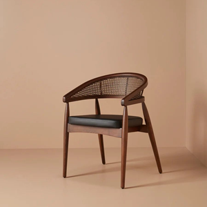 Teak Wood <b>Dining</b> Chair with Rattan Back – Modern Upholstered <b>Armchair</b> for Restaurant Cafe Hotel - Product Image 1