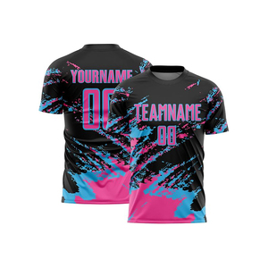 Conjunto de Camiseta y Pantalones Cortos de Fútbol Sublimados Personalizados, 100% Poliéster, Diseño de Llama Negra, Rosa y Azul, Nombre del Equipo y Número Impresos, Transpirable - Product Image 2