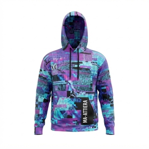 Sudadera con Capucha Morada y Azul para Hombre con Estampado Gráfico Abstracto, Bolsillo Canguro, Estilo Urbano - Product Image 3