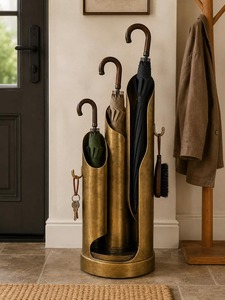 Porte-parapluie moderne en métal avec motif géométrique, finition laiton antique, décoration d'intérieur autoportante - Product Image 6