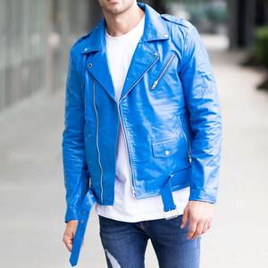 Veste zippée bleue unie personnalisée avec logo pour hommes, vestes en cuir vintage pour hommes, veste streetwear, manteaux d'hiver de haute qualité - Product Image 5